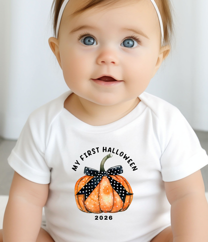 My First Halloween 2026 Baby Onsie® Pumpkin Bow Design