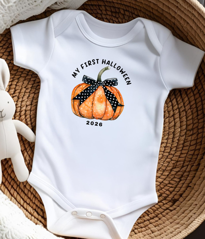 My First Halloween 2026 Baby Onsie® Pumpkin Bow Design