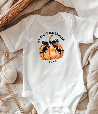 My First Halloween 2026 Baby Onsie® Pumpkin Bow Design