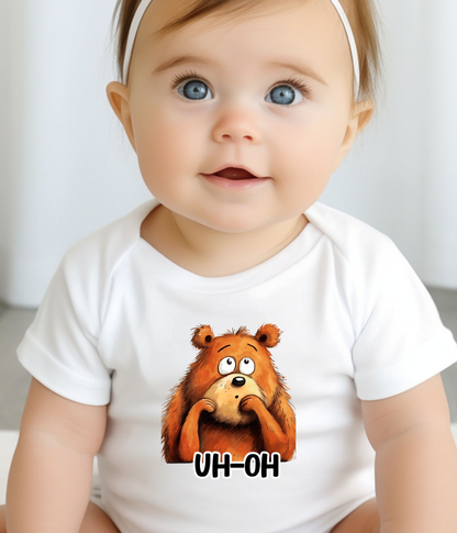 “Uh-Oh” Bear Baby Bodysuit  – Funny Cute Animal Baby Outfit