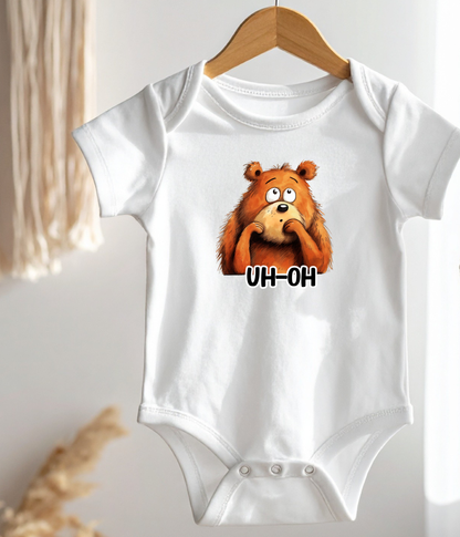 “Uh-Oh” Bear Baby Bodysuit  – Funny Cute Animal Baby Outfit