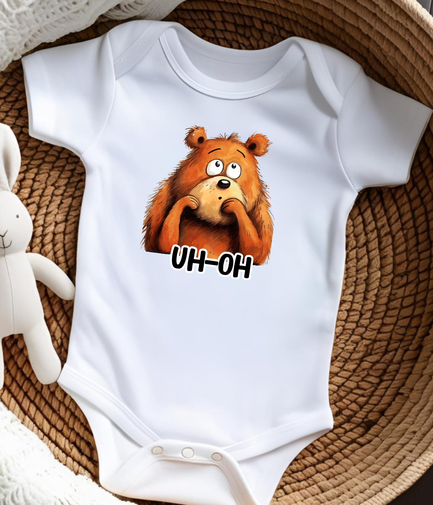 “Uh-Oh” Bear Baby Bodysuit  – Funny Cute Animal Baby Outfit
