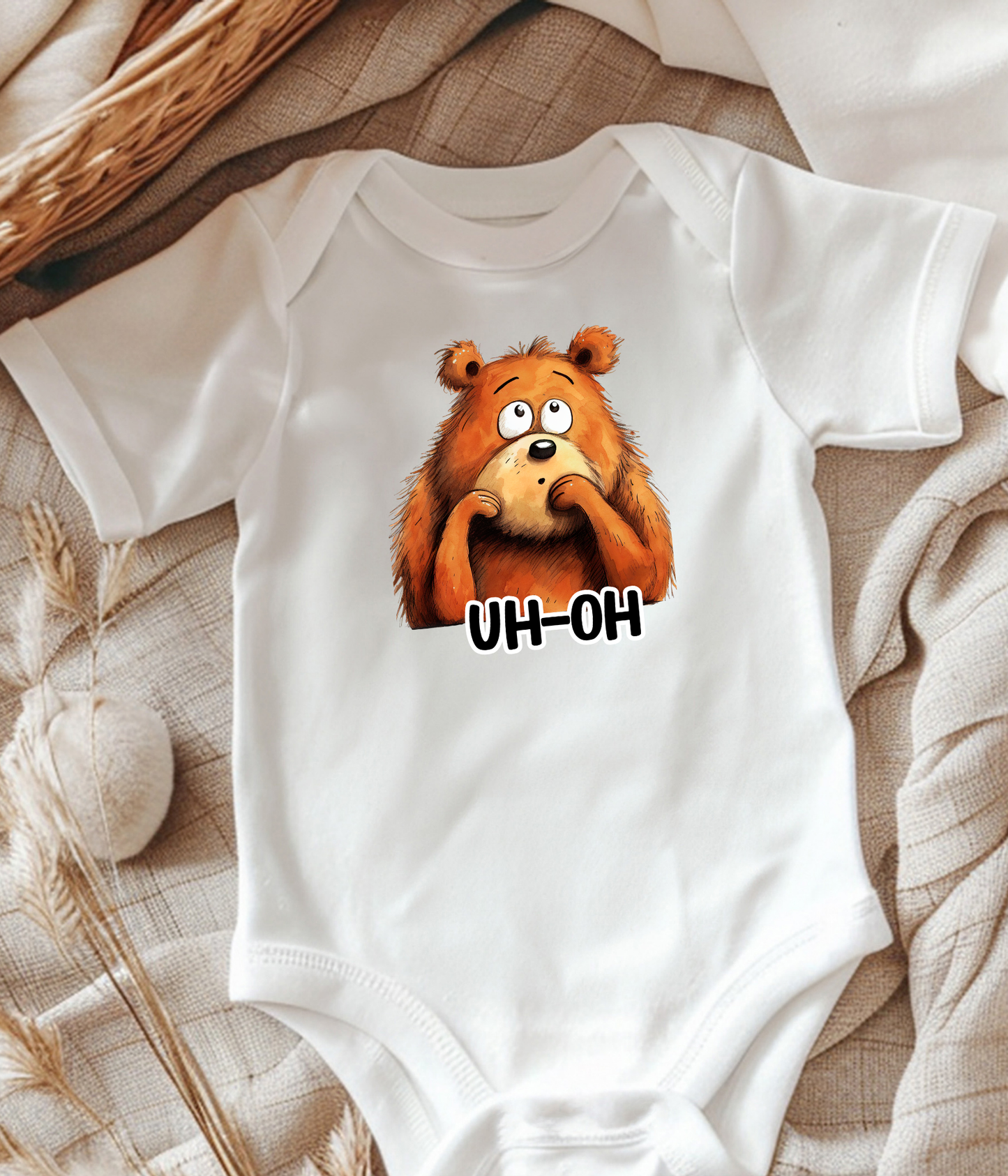 “Uh-Oh” Bear Baby Bodysuit  – Funny Cute Animal Baby Outfit