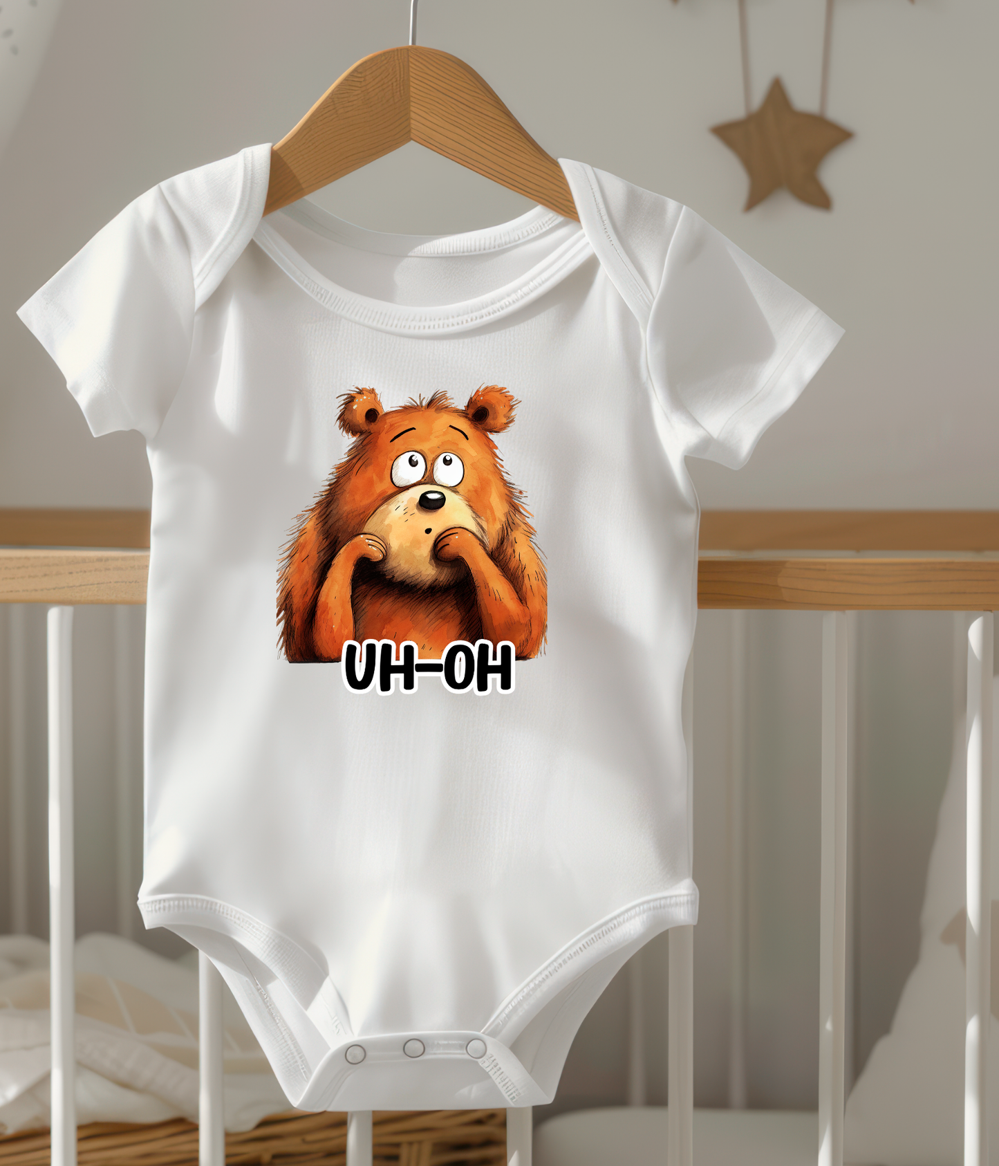 “Uh-Oh” Bear Baby Bodysuit  – Funny Cute Animal Baby Outfit