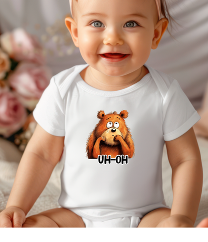 “Uh-Oh” Bear Baby Bodysuit  – Funny Cute Animal Baby Outfit