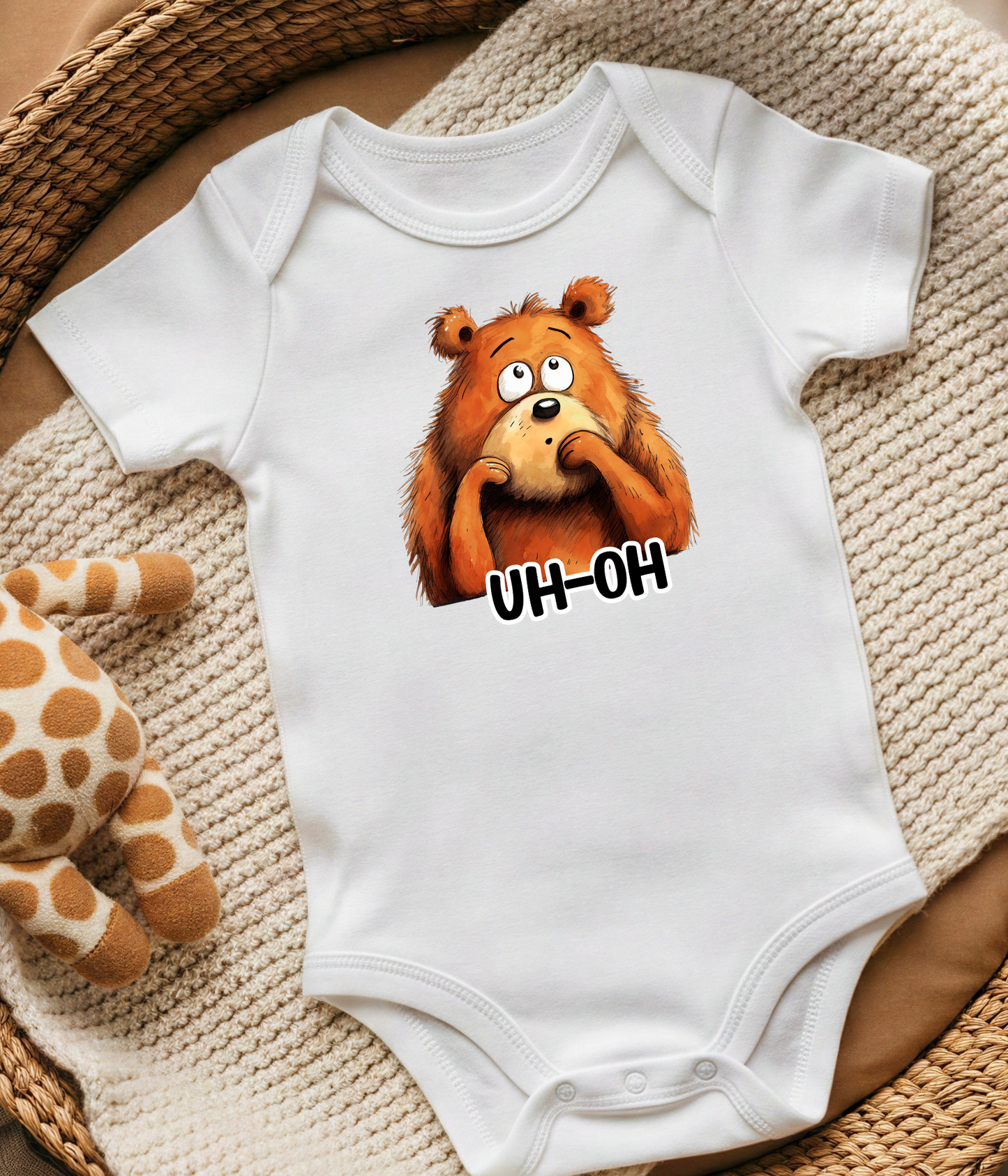 “Uh-Oh” Bear Baby Bodysuit  – Funny Cute Animal Baby Outfit