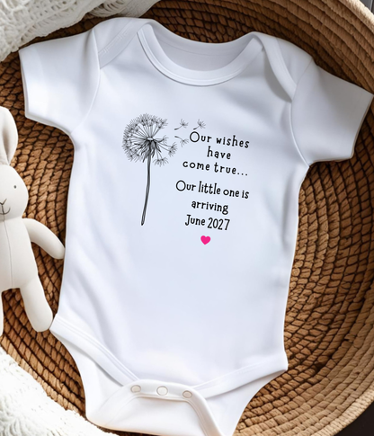 Personalized “Our Wishes Have Come True” Baby Announcement Outfit – Custom Date Pregnancy or Adoption Reveal