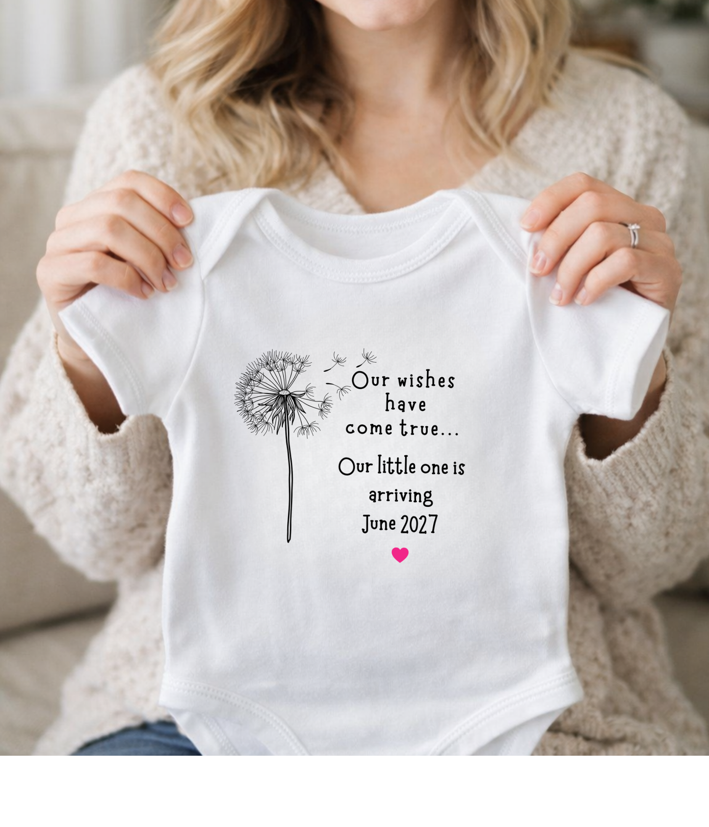 Personalized “Our Wishes Have Come True” Baby Announcement Outfit – Custom Date Pregnancy or Adoption Reveal