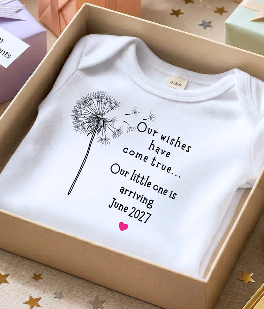 Personalized “Our Wishes Have Come True” Baby Announcement Outfit – Custom Date Pregnancy or Adoption Reveal
