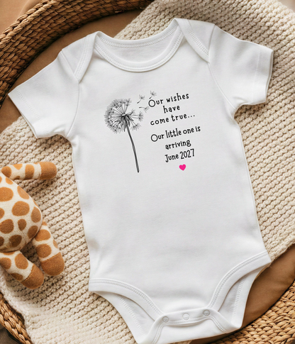 Personalized “Our Wishes Have Come True” Baby Announcement Outfit – Custom Date Pregnancy or Adoption Reveal