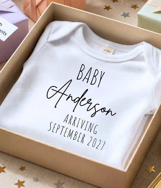 Personalized Baby Announcement Bodysuit  – Custom Name & Due Date Pregnancy or Adoption Reveal