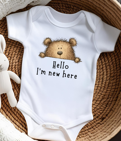 Hello I'm New Here Baby One-Piece – Newborn Announcement Outfit, Gender Neutral Bear Baby Shower Gift