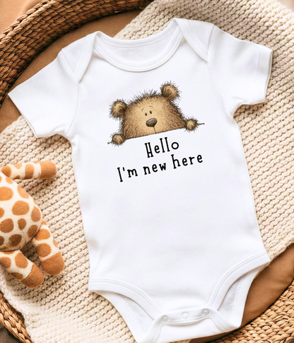 Hello I'm New Here Baby One-Piece – Newborn Announcement Outfit, Gender Neutral Bear Baby Shower Gift