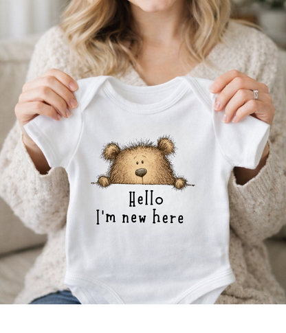 Hello I'm New Here Baby One-Piece – Newborn Announcement Outfit, Gender Neutral Bear Baby Shower Gift
