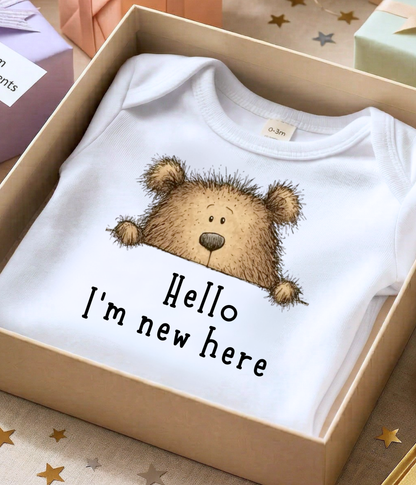Hello I'm New Here Baby One-Piece – Newborn Announcement Outfit, Gender Neutral Bear Baby Shower Gift