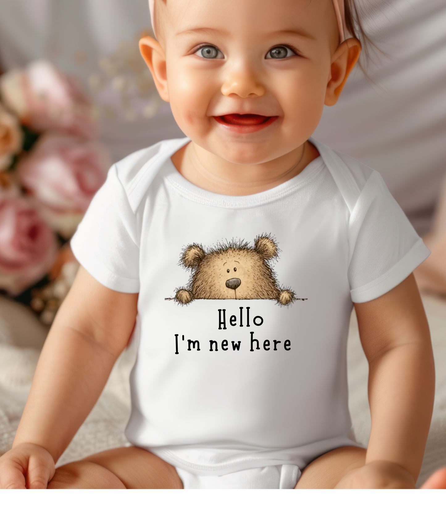 Hello I'm New Here Baby One-Piece – Newborn Announcement Outfit, Gender Neutral Bear Baby Shower Gift