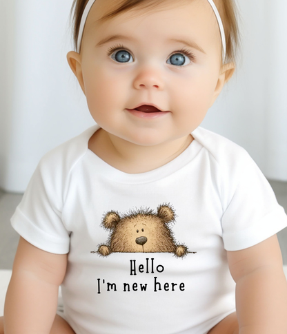 Hello I'm New Here Baby One-Piece – Newborn Announcement Outfit, Gender Neutral Bear Baby Shower Gift