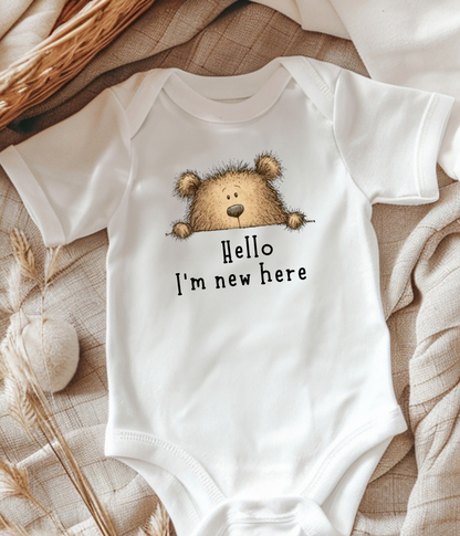Hello I'm New Here Baby One-Piece – Newborn Announcement Outfit, Gender Neutral Bear Baby Shower Gift