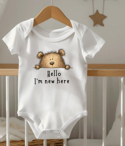 Hello I'm New Here Baby One-Piece – Newborn Announcement Outfit, Gender Neutral Bear Baby Shower Gift