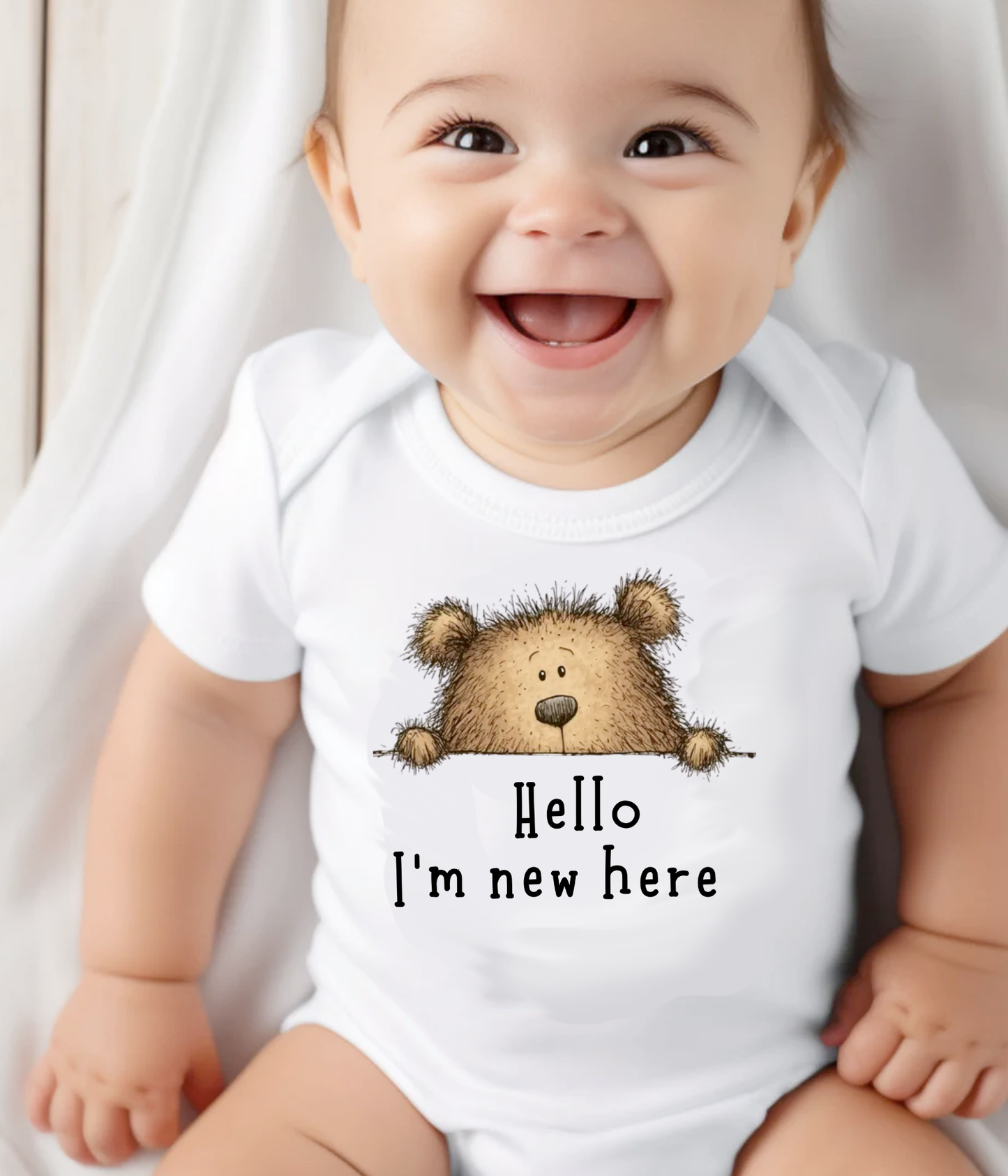 Hello I'm New Here Baby One-Piece – Newborn Announcement Outfit, Gender Neutral Bear Baby Shower Gift
