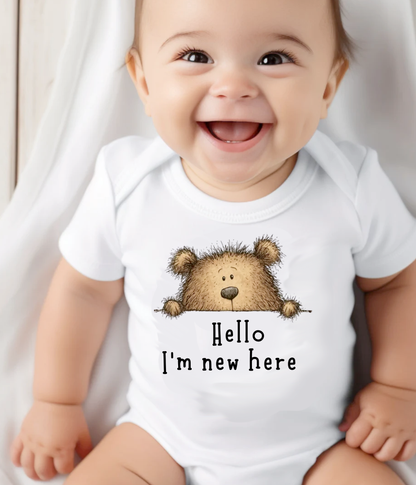 Hello I'm New Here Baby One-Piece – Newborn Announcement Outfit, Gender Neutral Bear Baby Shower Gift