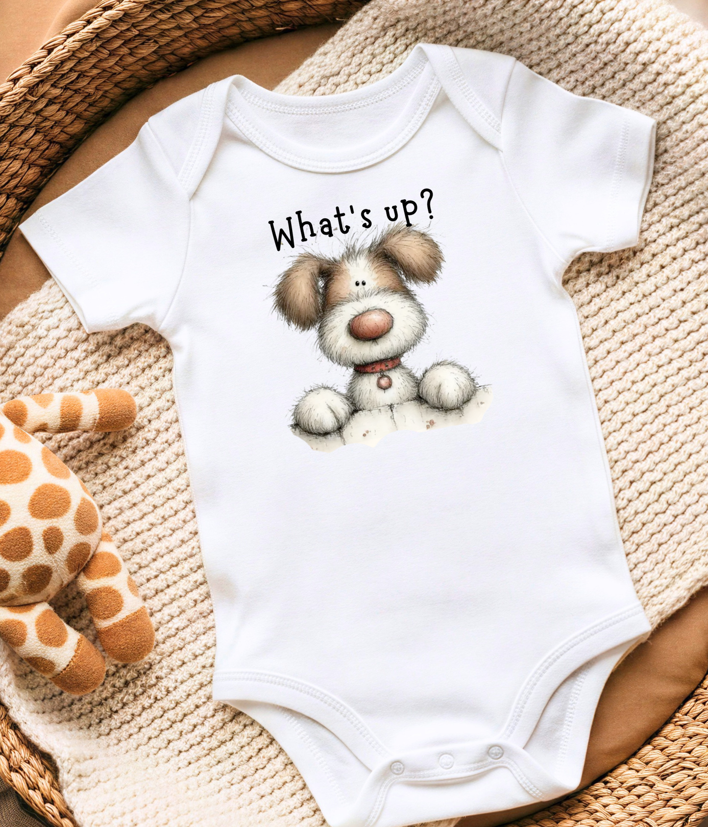 What’s Up Baby Bodysuit – Cute Puppy Newborn Outfit, Funny Baby Announcement Outfit