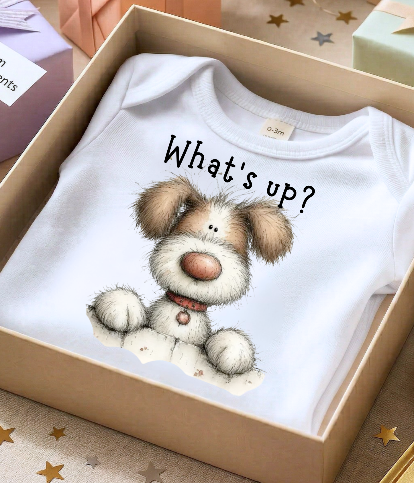 What’s Up Baby Bodysuit – Cute Puppy Newborn Outfit, Funny Baby Announcement Outfit