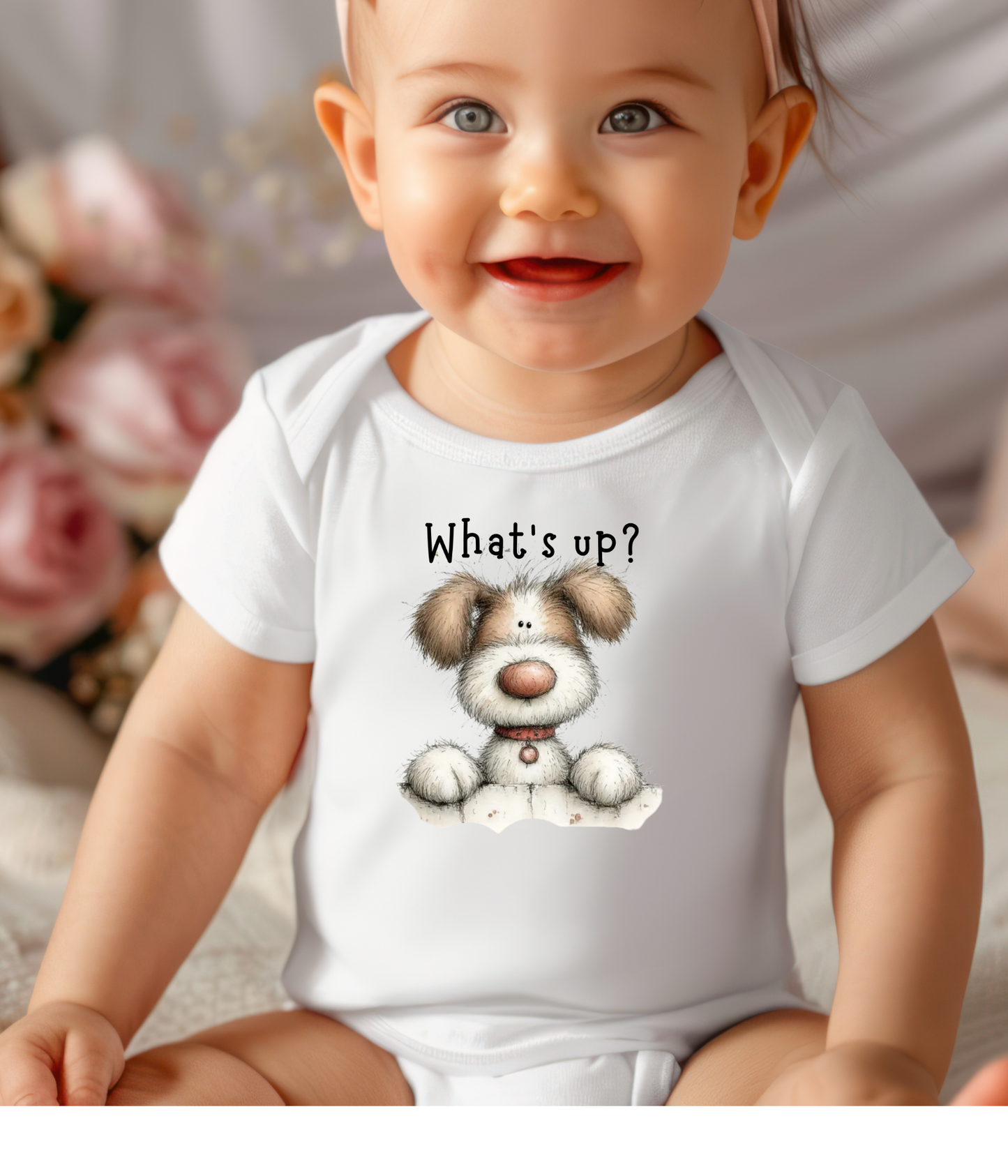 What’s Up Baby Bodysuit – Cute Puppy Newborn Outfit, Funny Baby Announcement Outfit