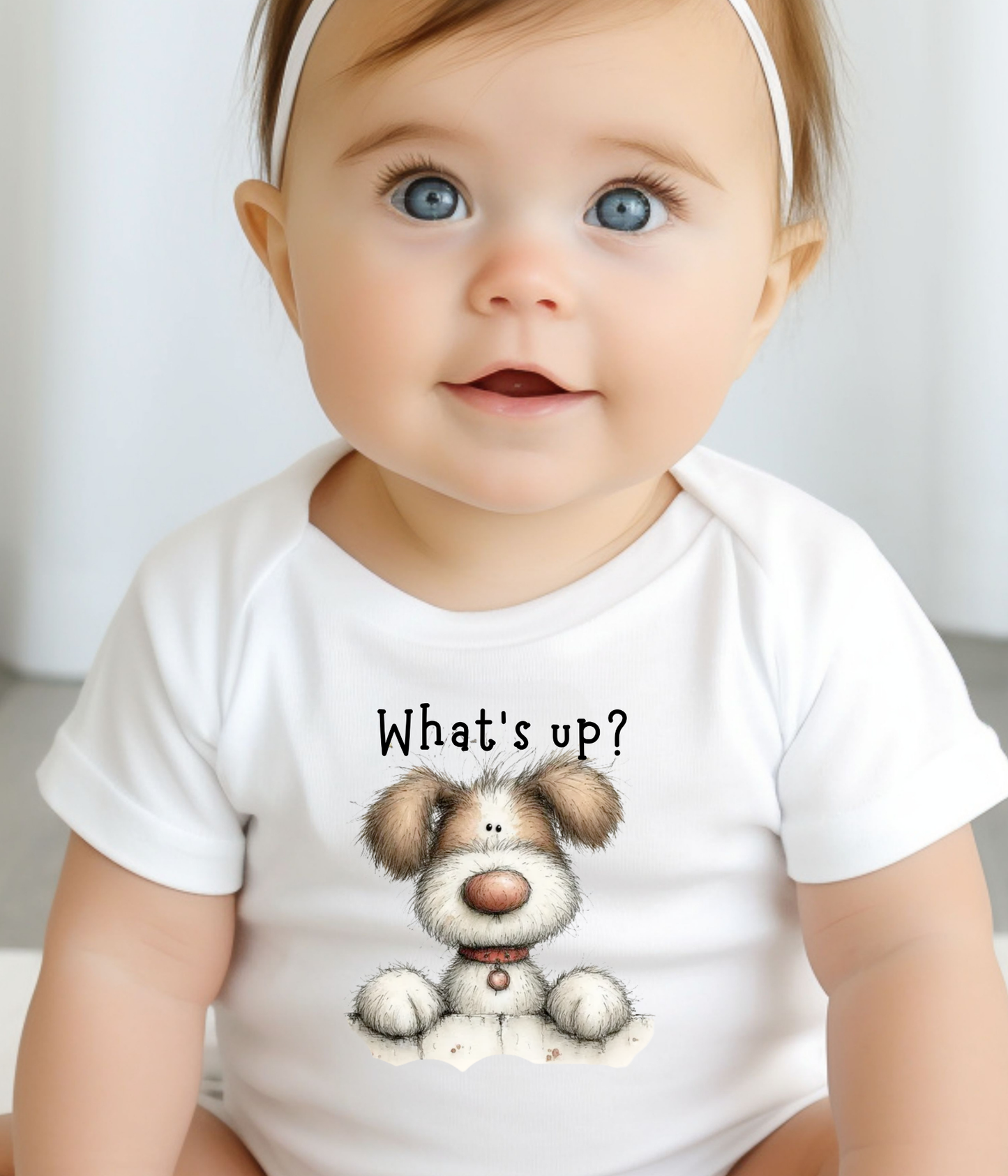 What’s Up Baby Bodysuit – Cute Puppy Newborn Outfit, Funny Baby Announcement Outfit
