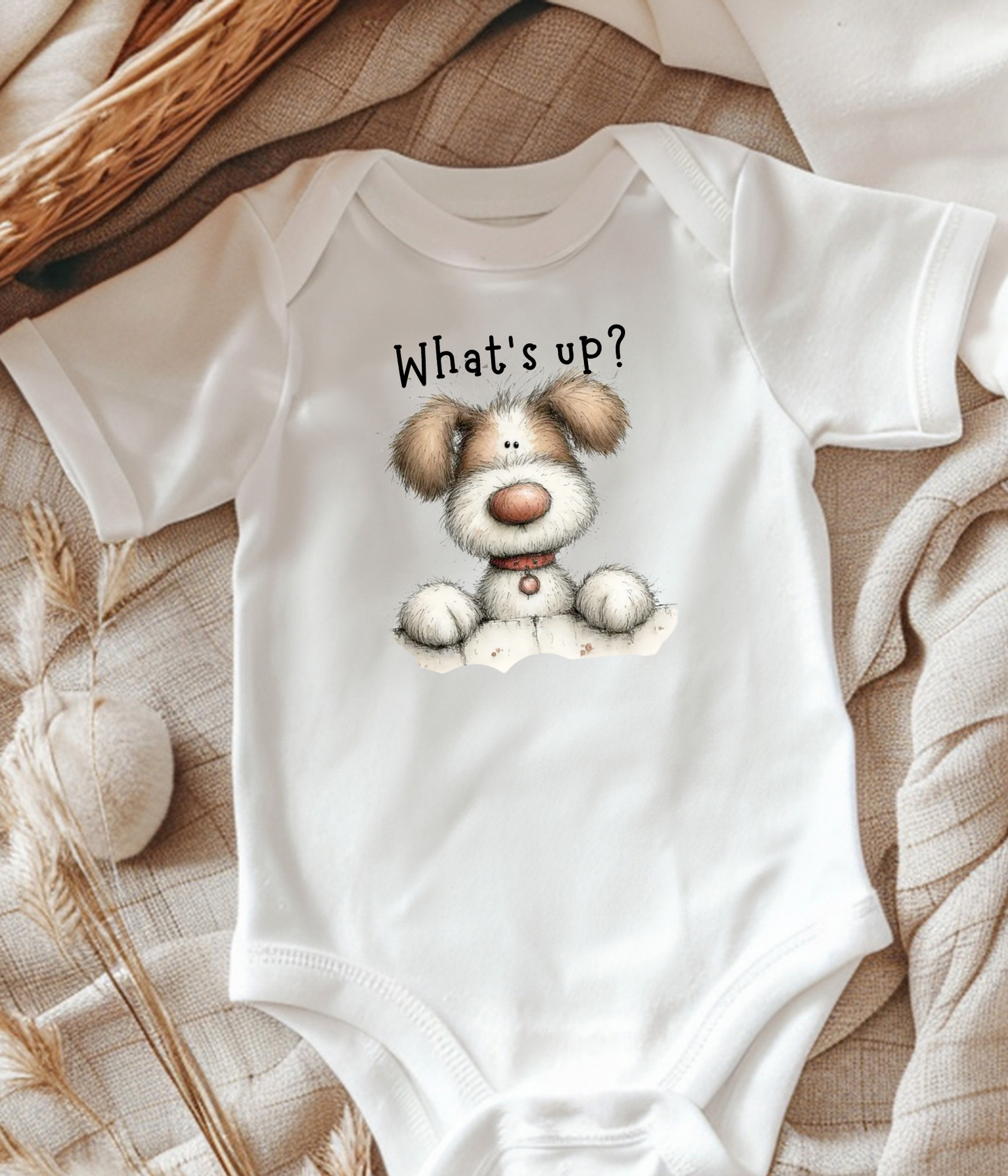 What’s Up Baby Bodysuit – Cute Puppy Newborn Outfit, Funny Baby Announcement Outfit