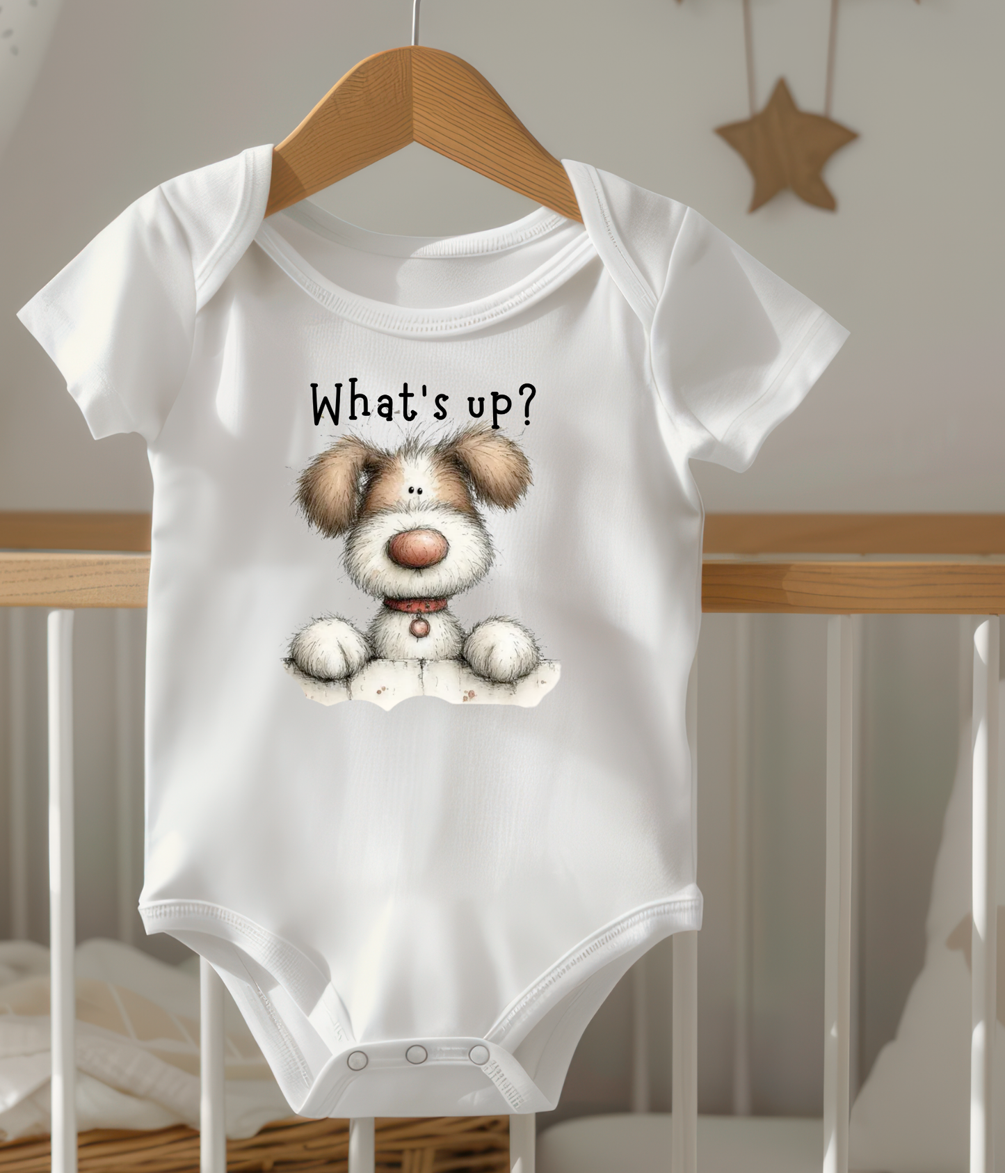 What’s Up Baby Bodysuit – Cute Puppy Newborn Outfit, Funny Baby Announcement Outfit