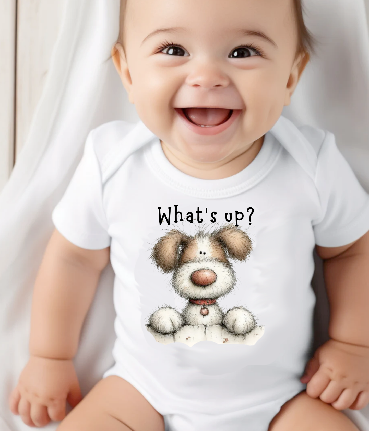 What’s Up Baby Bodysuit – Cute Puppy Newborn Outfit, Funny Baby Announcement Outfit