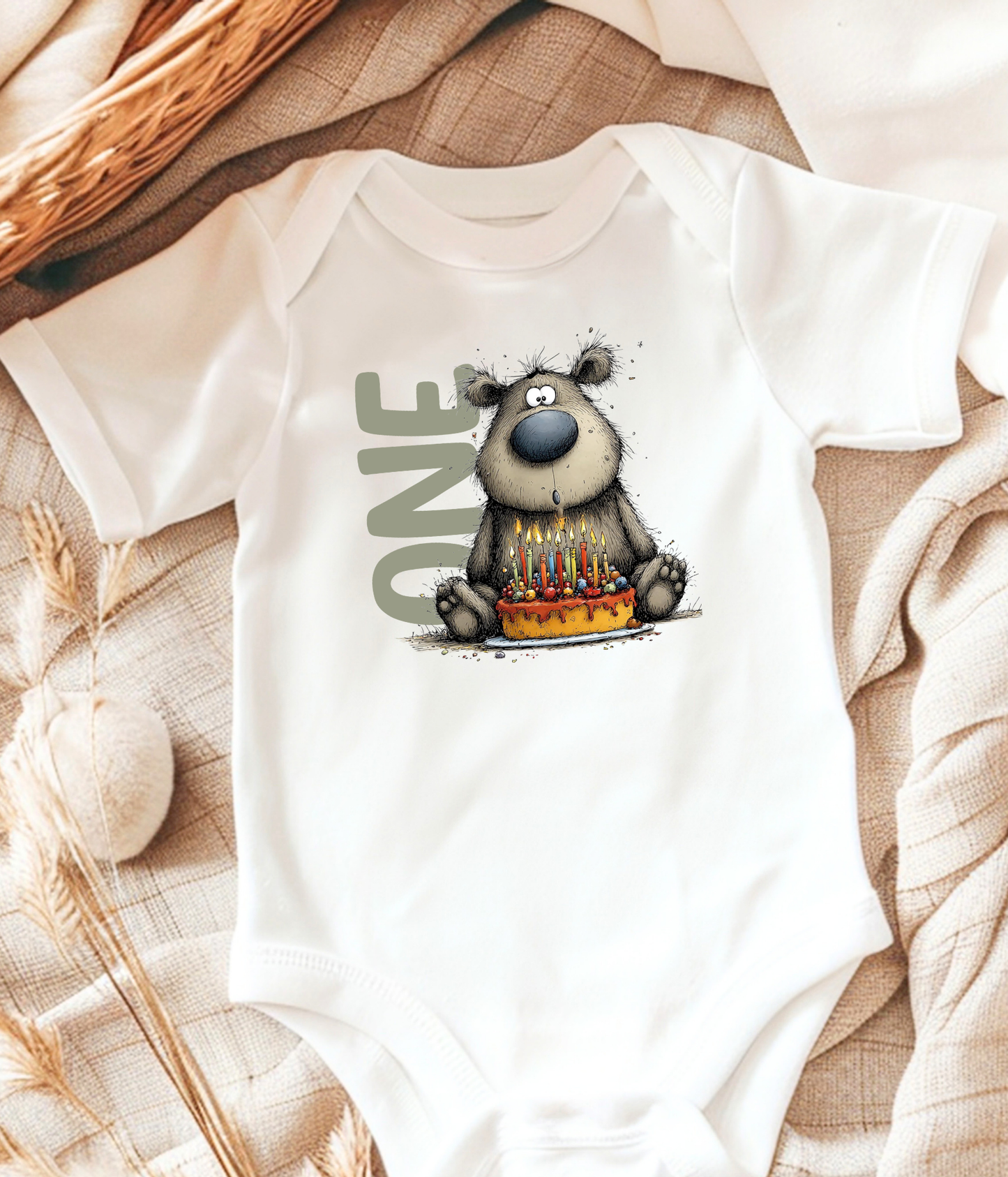 First Birthday Baby One-Piece Bodysuit – One Birthday Outfit, Bear 1st Birthday, Smash Cake Photo