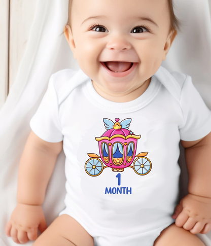 1 Month Baby One-Piece Bodysuit – Princess Carriage Milestone Bodysuit, Cute Baby Girl Outfit, One Month Baby Clothes, Monthly Milestone Shirt