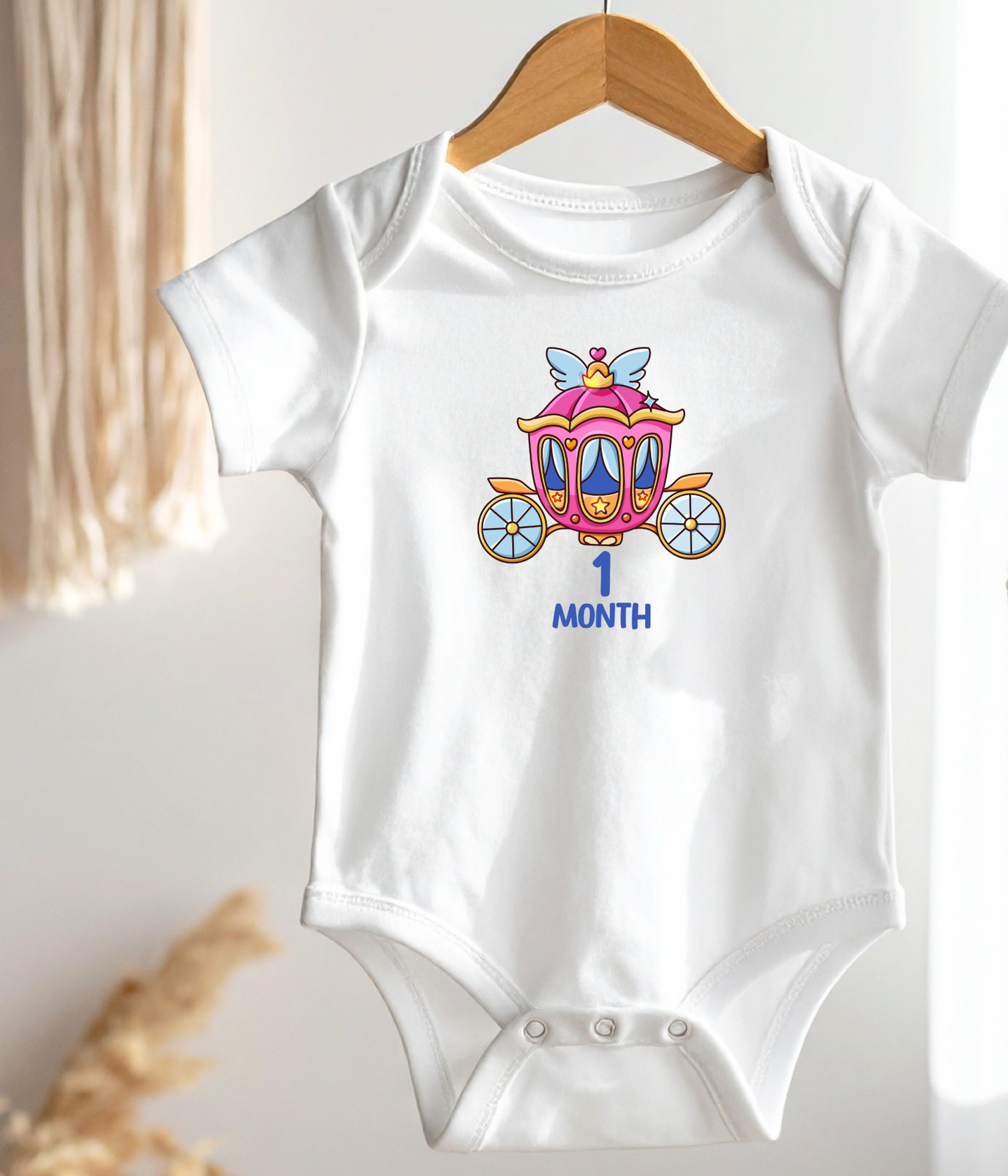 1 Month Baby One-Piece Bodysuit – Princess Carriage Milestone Bodysuit, Cute Baby Girl Outfit, One Month Baby Clothes, Monthly Milestone Shirt