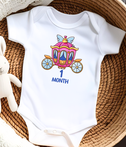 1 Month Baby One-Piece Bodysuit – Princess Carriage Milestone Bodysuit, Cute Baby Girl Outfit, One Month Baby Clothes, Monthly Milestone Shirt