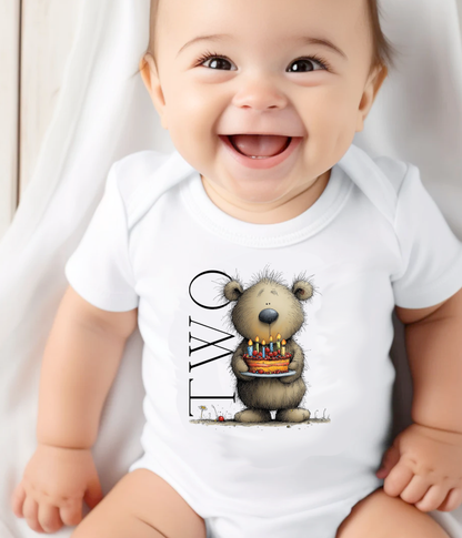 Second Birthday Bear One-Piece – Cute “TWO” Baby Birthday Outfit, 2nd Birthday Bodysuit, Toddler Birthday Shirt, Cake Smash Outfit