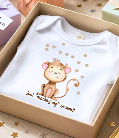 Funny Monkey Baby One-Piece Bodysuit – “Just Monkey-ing Around” Cute Baby Bodysuit, Animal Baby Outfit, Gender Neutral Baby Clothes