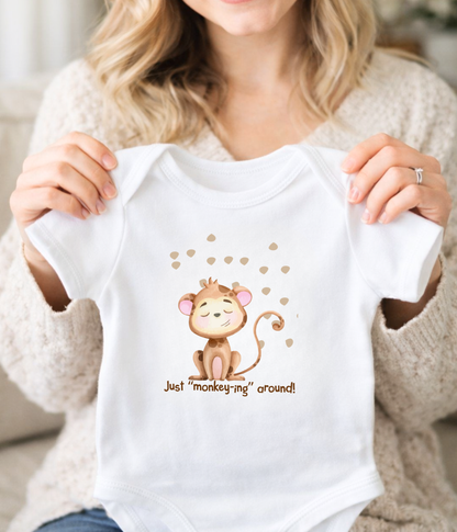 Funny Monkey Baby One-Piece Bodysuit – “Just Monkey-ing Around” Cute Baby Bodysuit, Animal Baby Outfit, Gender Neutral Baby Clothes