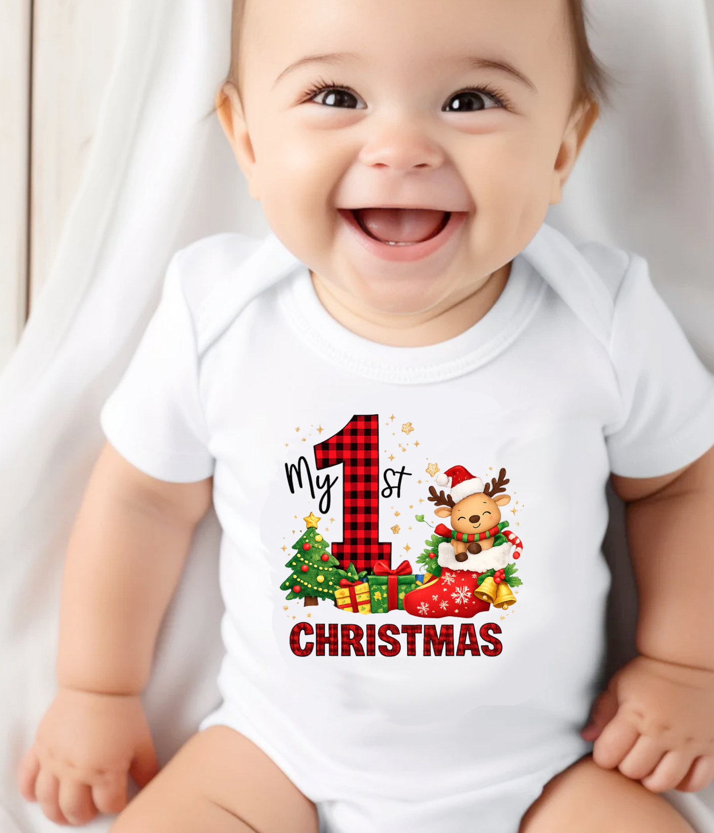 My 1st Christmas Buffalo Plaid Baby One-Piece Bodysuit