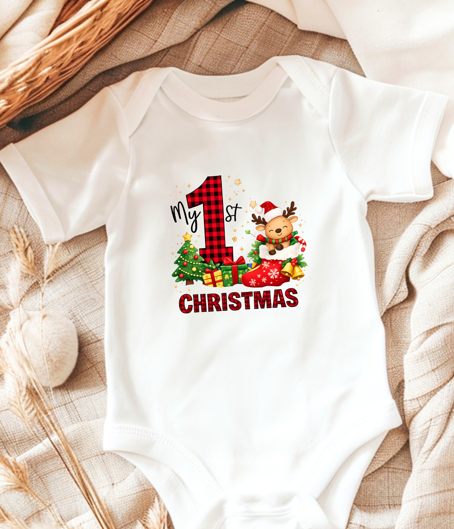 My 1st Christmas Buffalo Plaid Baby One-Piece Bodysuit