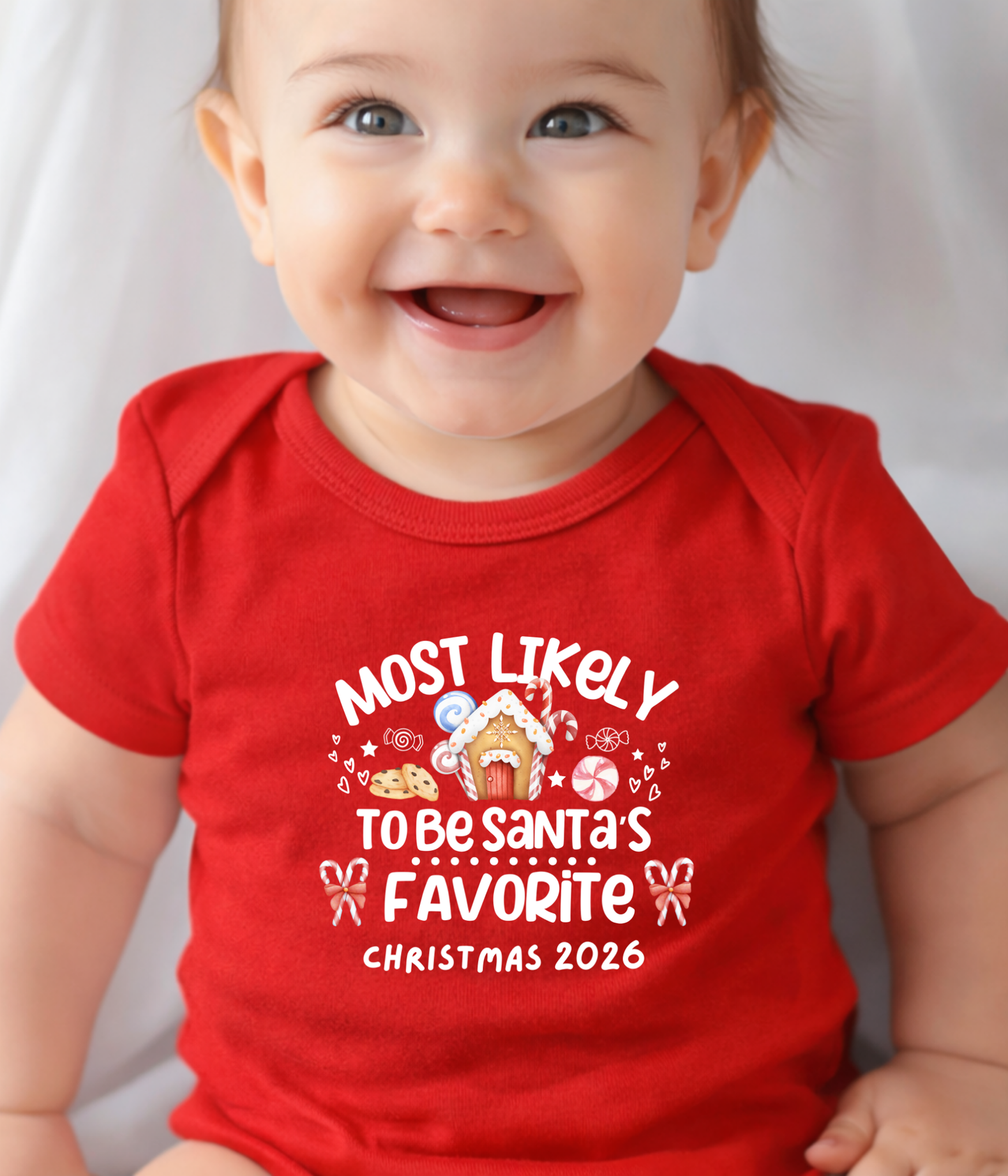 Christmas Baby One-Piece Bodysuit – “Most Likely to Be Santa’s Favorite” – Red, Green, Navy Infant Bodysuit – Christmas 2026