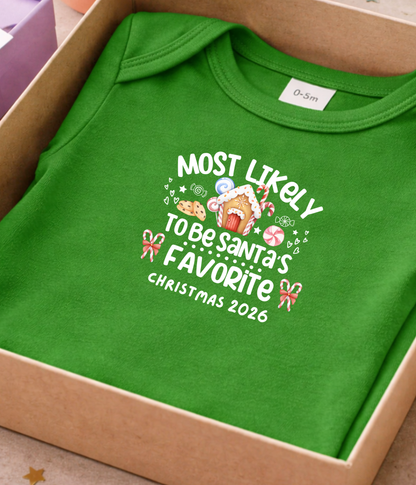 Christmas Baby One-Piece Bodysuit – “Most Likely to Be Santa’s Favorite” – Red, Green, Navy Infant Bodysuit – Christmas 2026