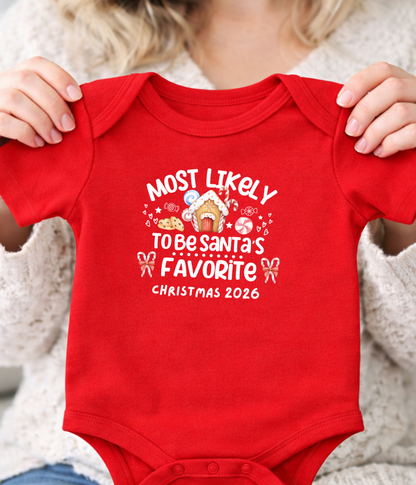 Christmas Baby One-Piece Bodysuit – “Most Likely to Be Santa’s Favorite” – Red, Green, Navy Infant Bodysuit – Christmas 2026