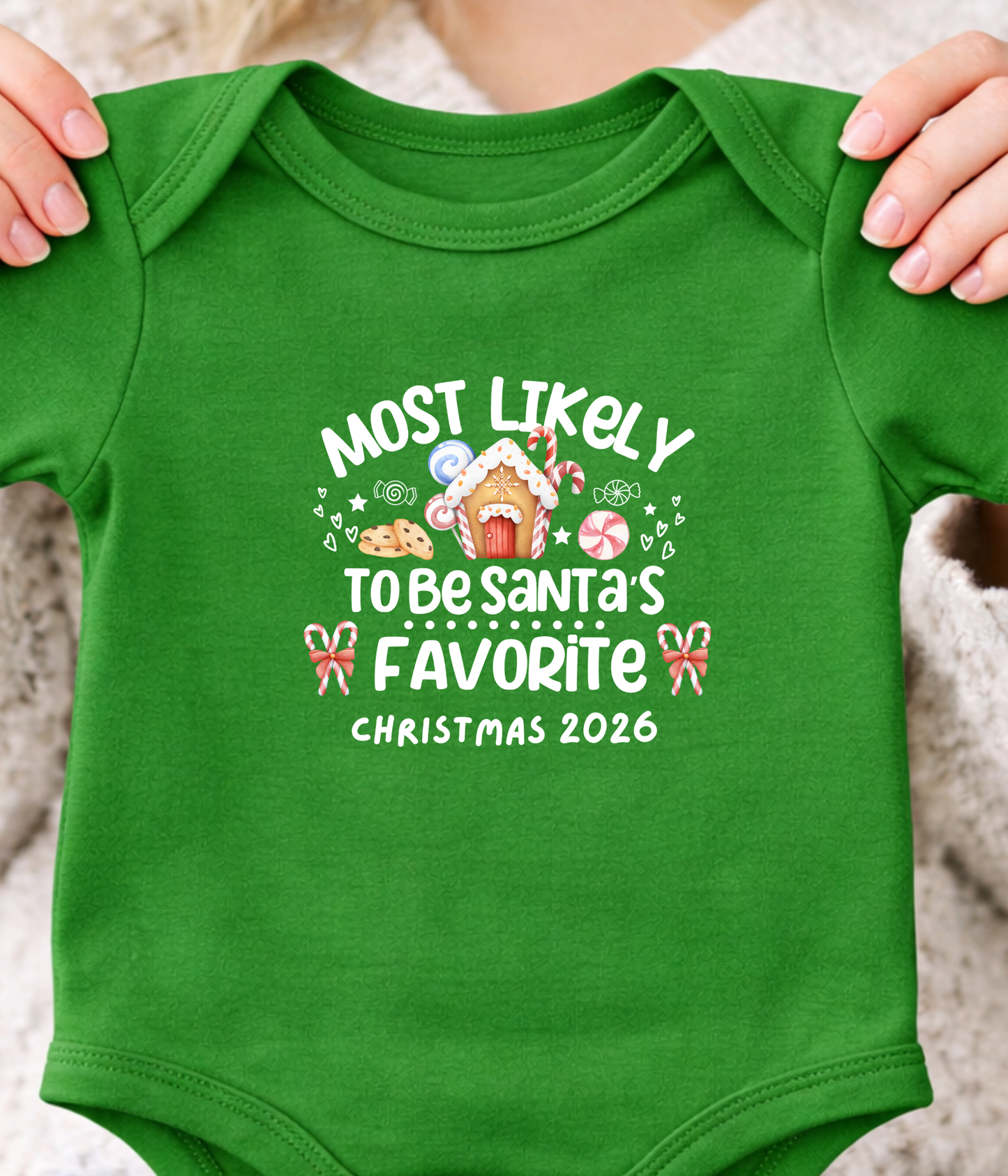 Christmas Baby One-Piece Bodysuit – “Most Likely to Be Santa’s Favorite” – Red, Green, Navy Infant Bodysuit – Christmas 2026