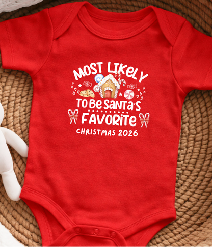 Christmas Baby One-Piece Bodysuit – “Most Likely to Be Santa’s Favorite” – Red, Green, Navy Infant Bodysuit – Christmas 2026
