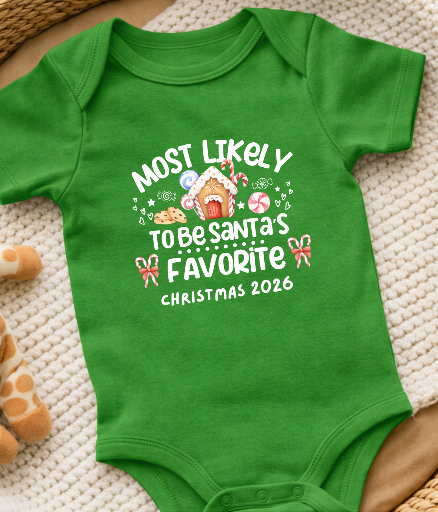 Christmas Baby One-Piece Bodysuit – “Most Likely to Be Santa’s Favorite” – Red, Green, Navy Infant Bodysuit – Christmas 2026
