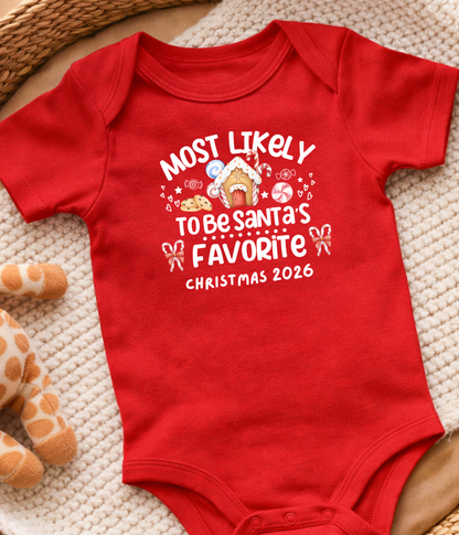 Christmas Baby One-Piece Bodysuit – “Most Likely to Be Santa’s Favorite” – Red, Green, Navy Infant Bodysuit – Christmas 2026