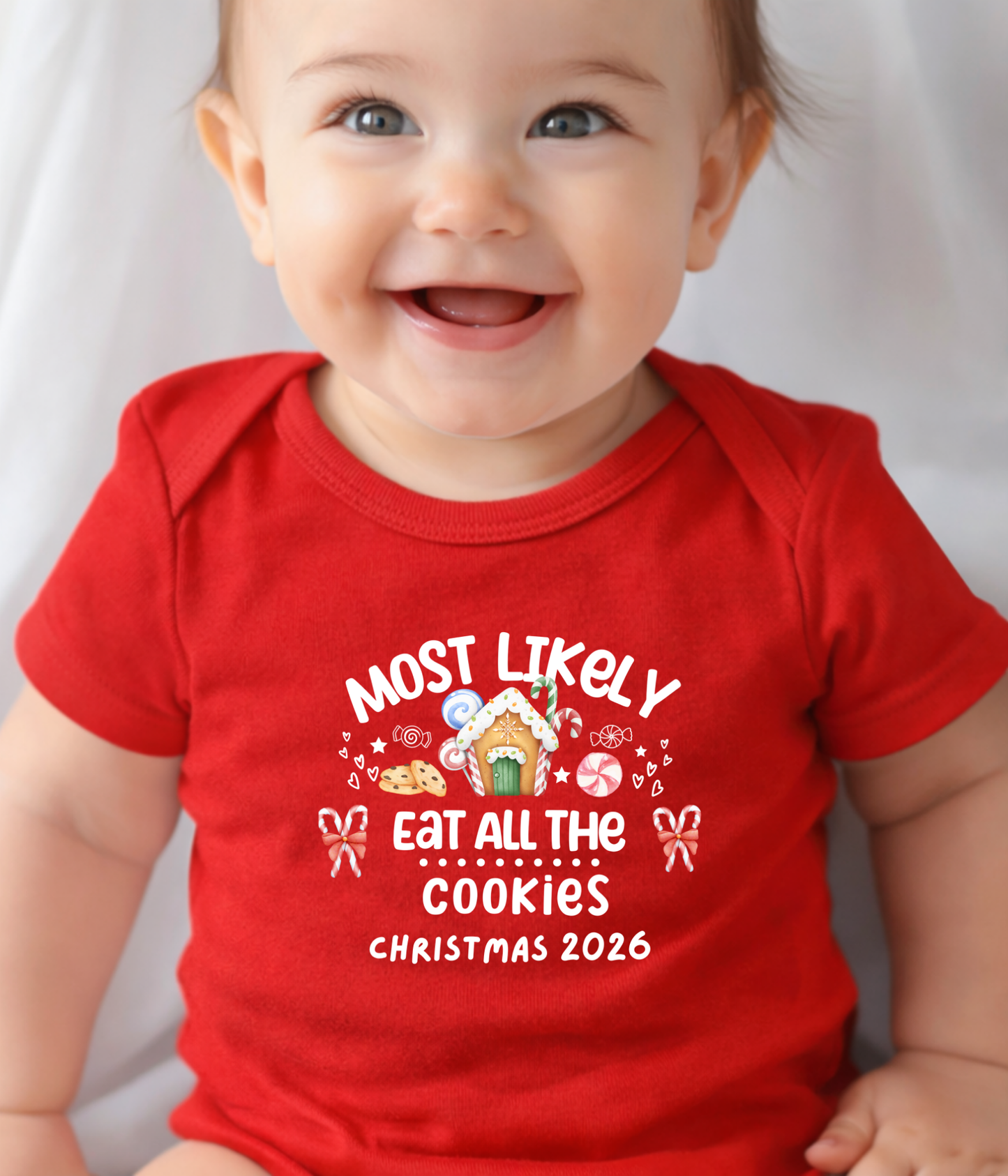 Funny Christmas Baby One-piece Bodysuit– “Most Likely to Eat All the Cookies” Red, Green, Navy Infant Bodysuit – Christmas 2026