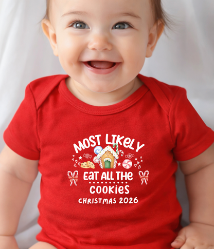 Funny Christmas Baby One-piece Bodysuit– “Most Likely to Eat All the Cookies” Red, Green, Navy Infant Bodysuit – Christmas 2026